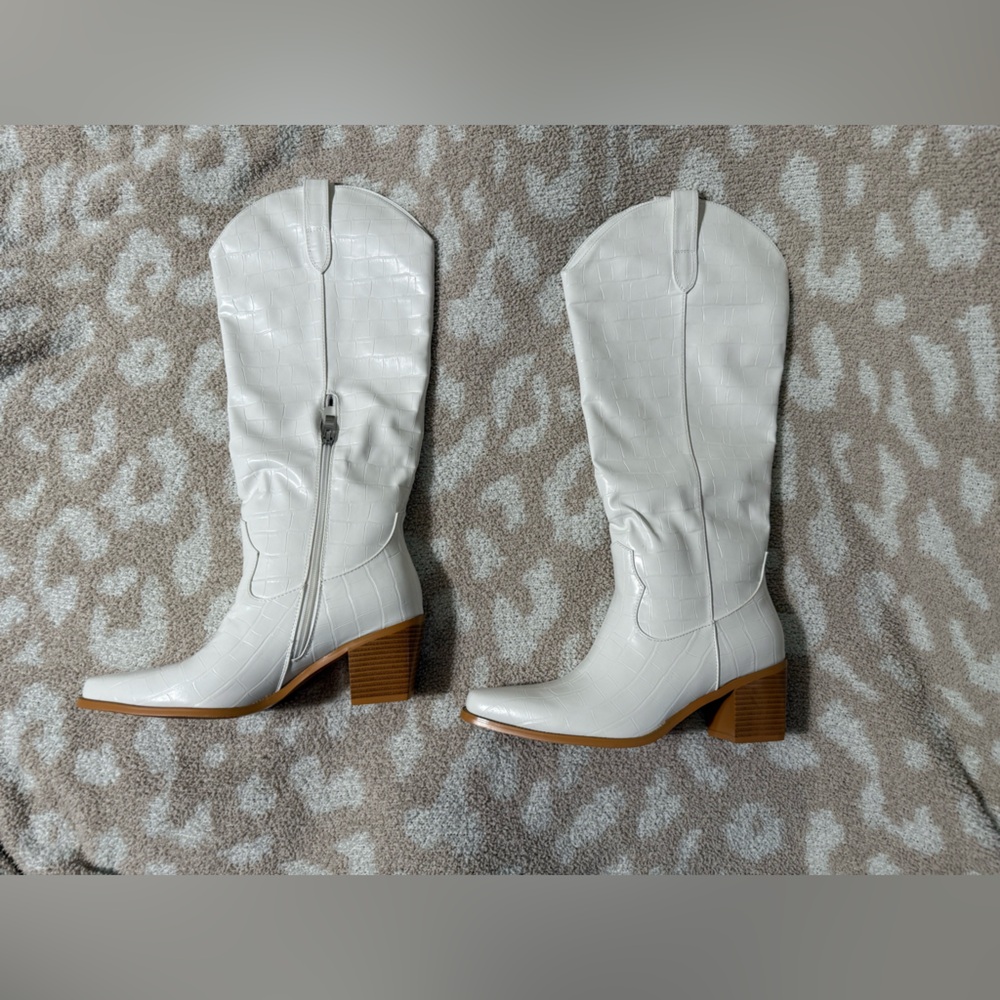 White Croc-Embossed Knee-High Boots